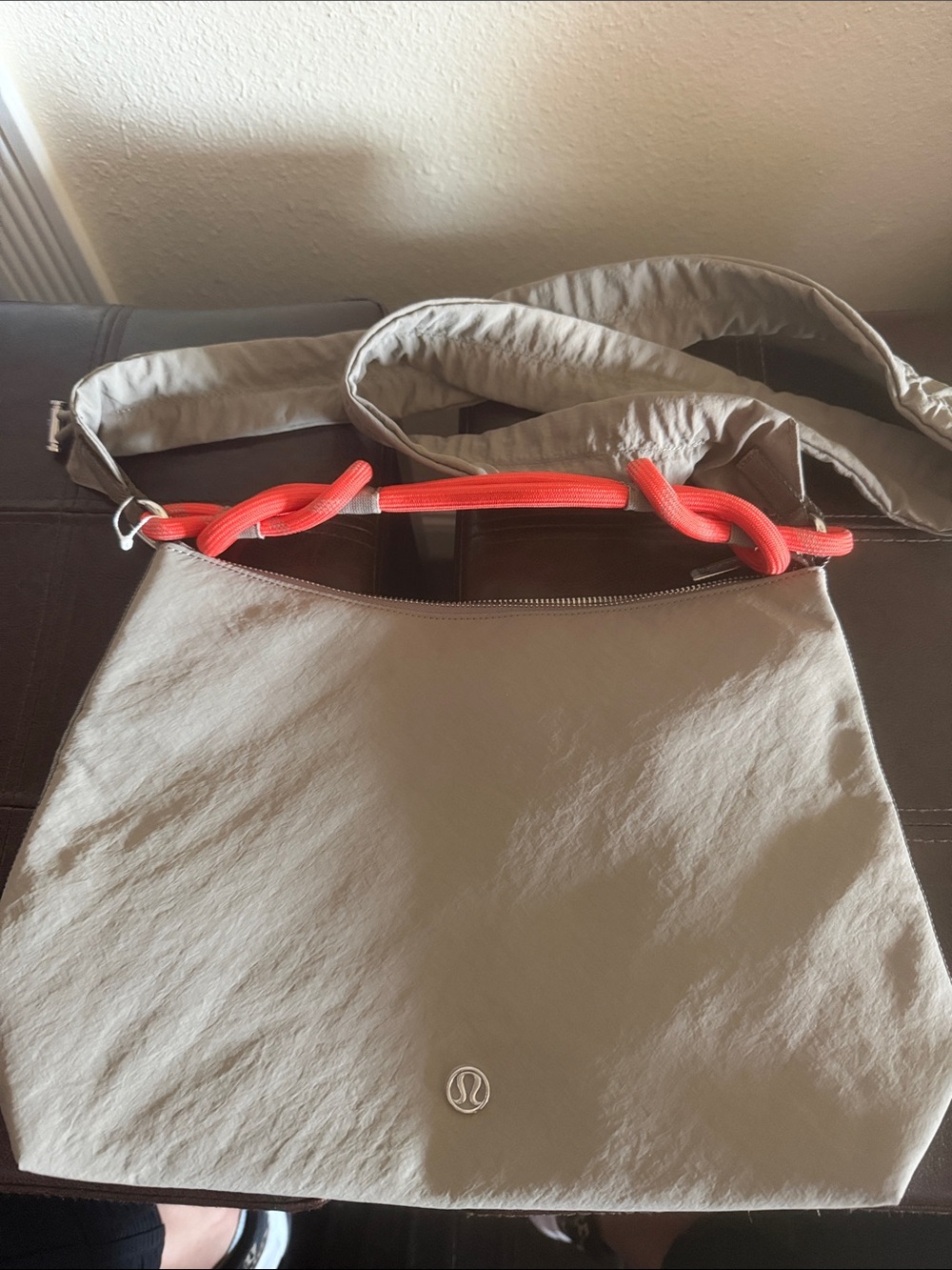 NWOT Lululemon convertible ruched Beige Crossbody Tote with Coral Rope  6.5 L